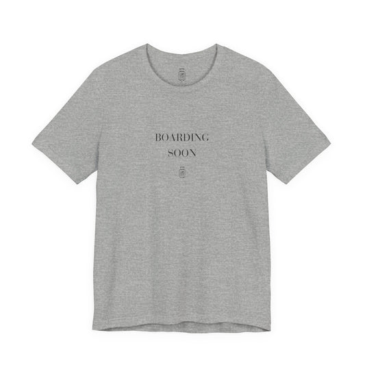 Front view of the Boarding Soon Bella+Canvas 3001 tee in Athletic Heather
