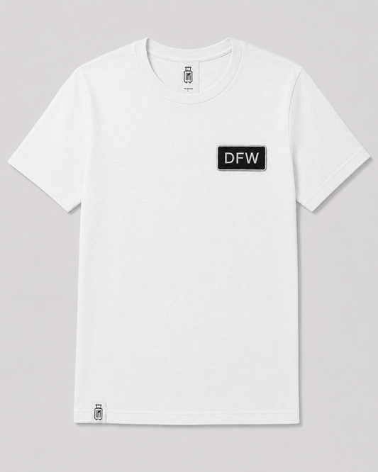 White t-shirt with 'DFW' logo on a gray background