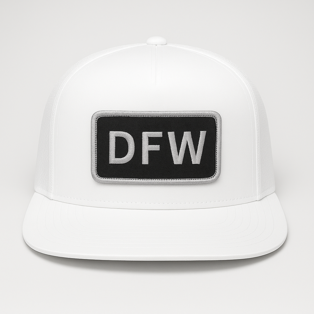 Front view of DFW Dallas–Fort Worth airport trucker hat mesh snapback white