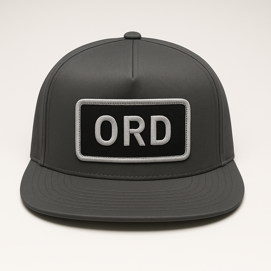 Front view of ORD Chicago O’Hare airport trucker hat mesh snapback charcoal
