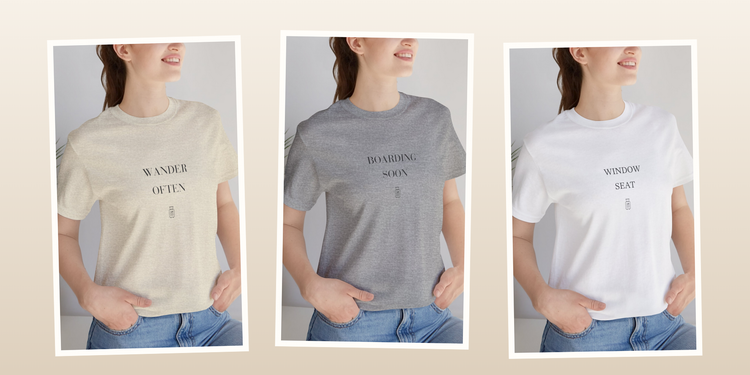Wander Often, Boarding Soon, and Window Seat Bella+Canvas 3001 travel shirts in a warm editorial triptych