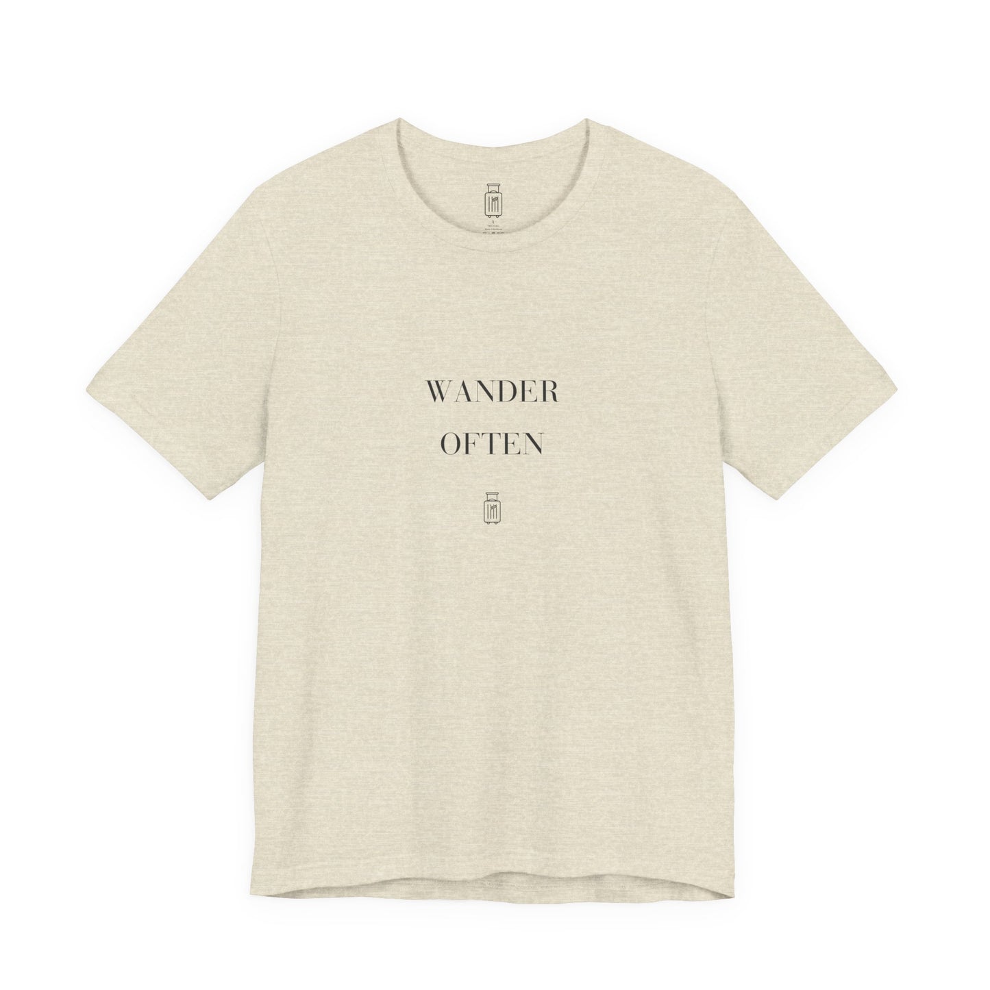 Front view of the Wander Often Bella+Canvas 3001 tee in Heather Prism Natural