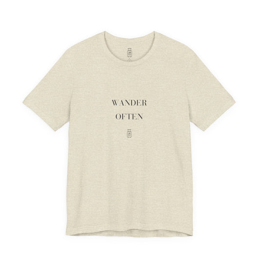 Front view of the Wander Often Bella+Canvas 3001 tee in Heather Prism Natural