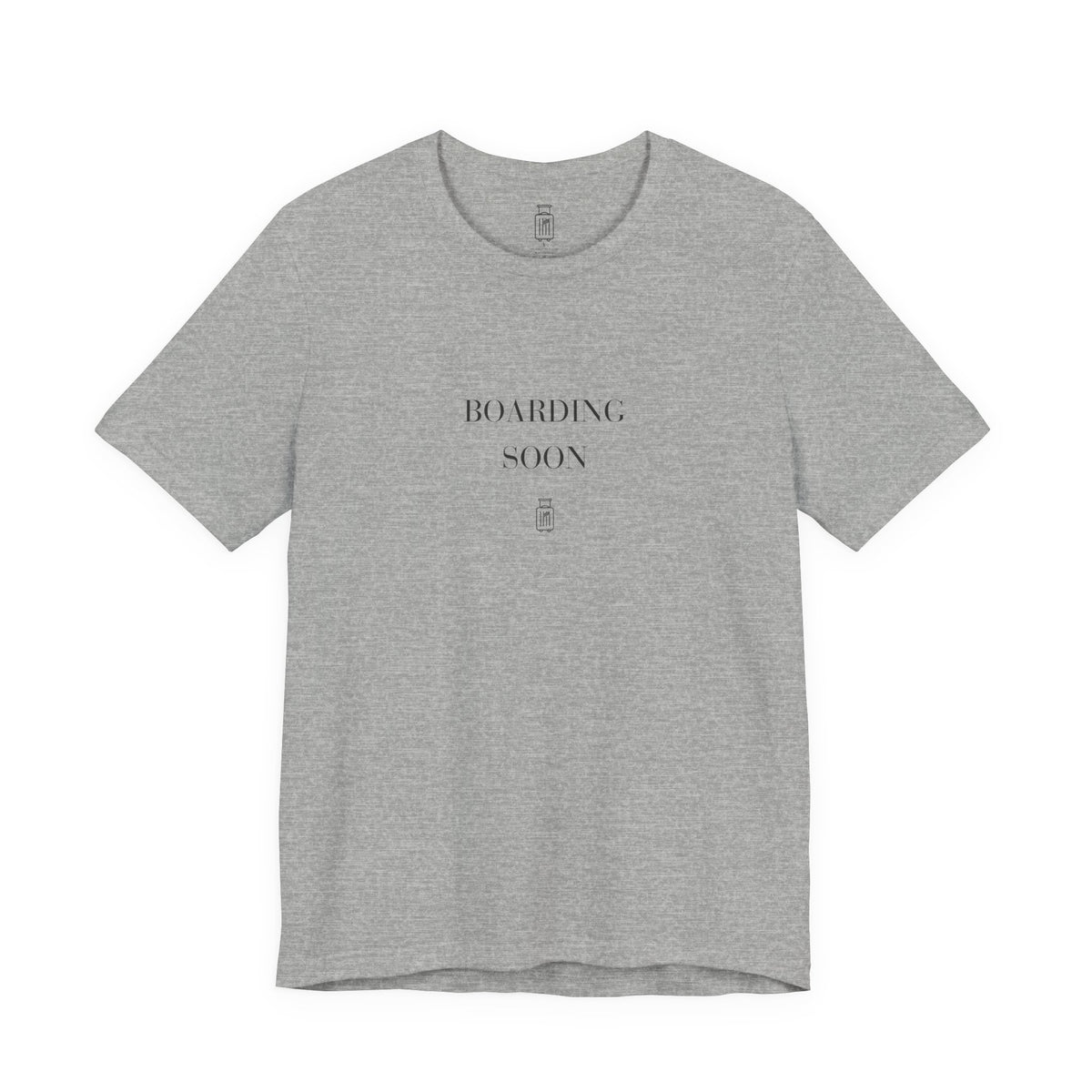 Front view of the Boarding Soon Bella+Canvas 3001 tee in Athletic Heather