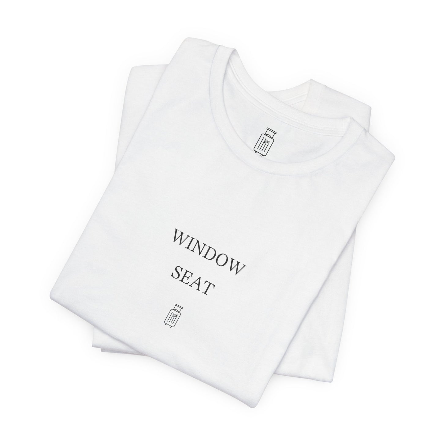 Folded Window Seat travel tee showing the front artwork and Journey Mark