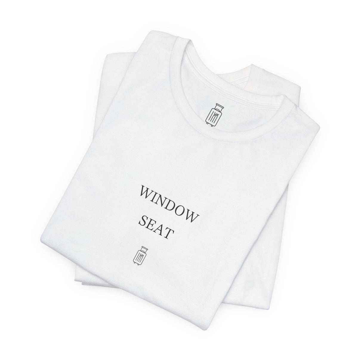 Folded Window Seat travel tee showing the front artwork and Journey Mark