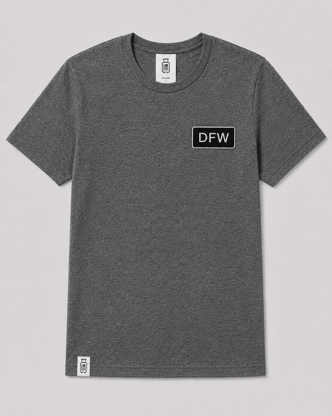 Gray t-shirt with 'DFW' logo on a light gray background