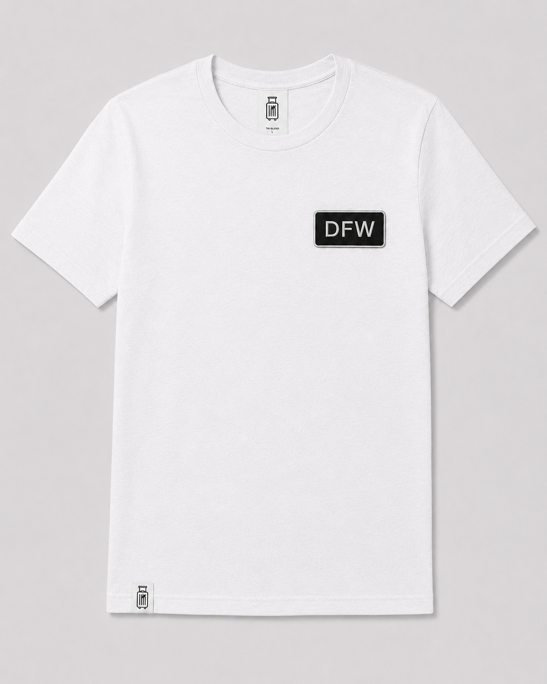 White t-shirt with 'DFW' logo on a gray background
