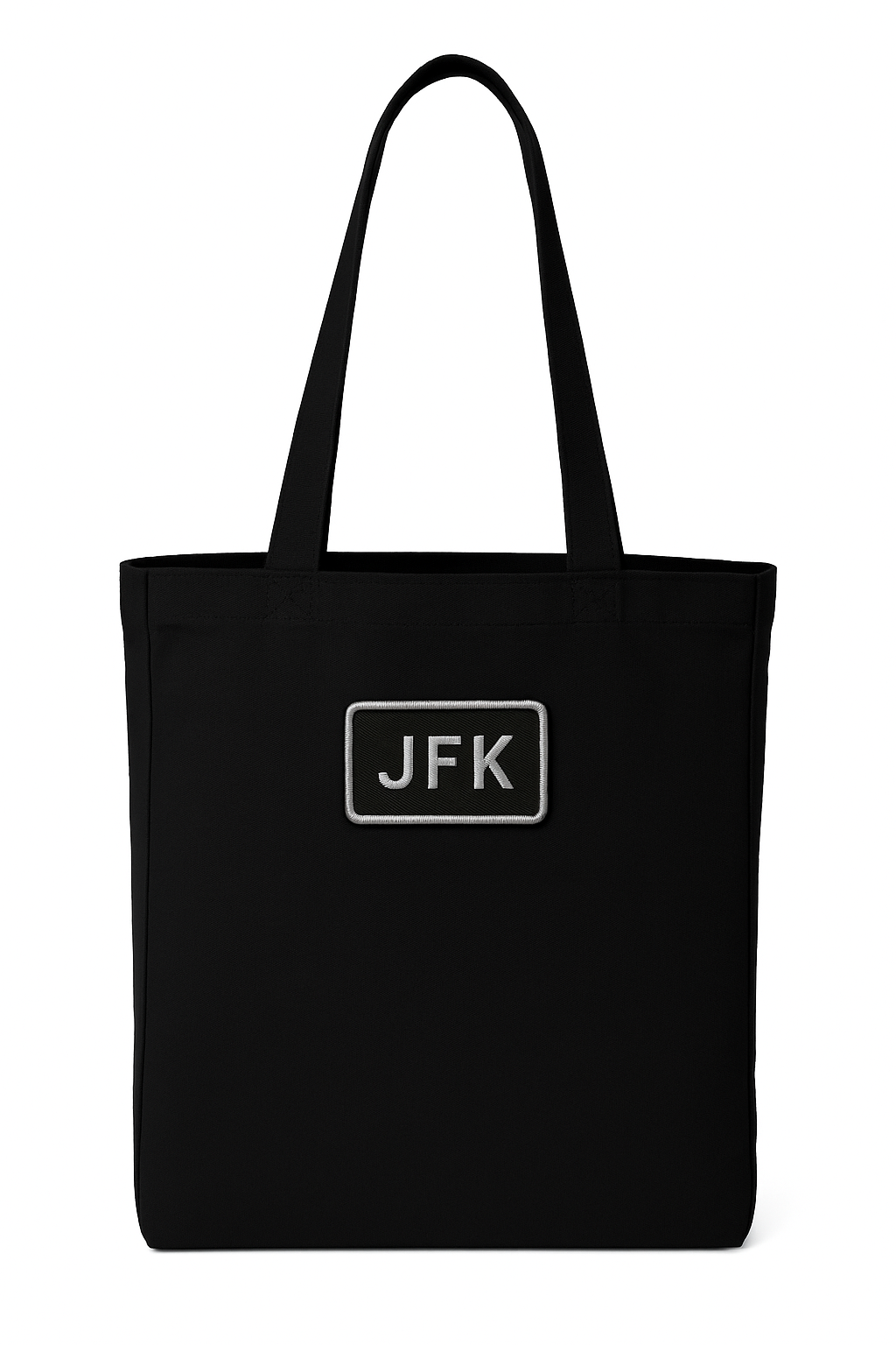 JFK black Canvas tote bag front view showing durable straps and stitching