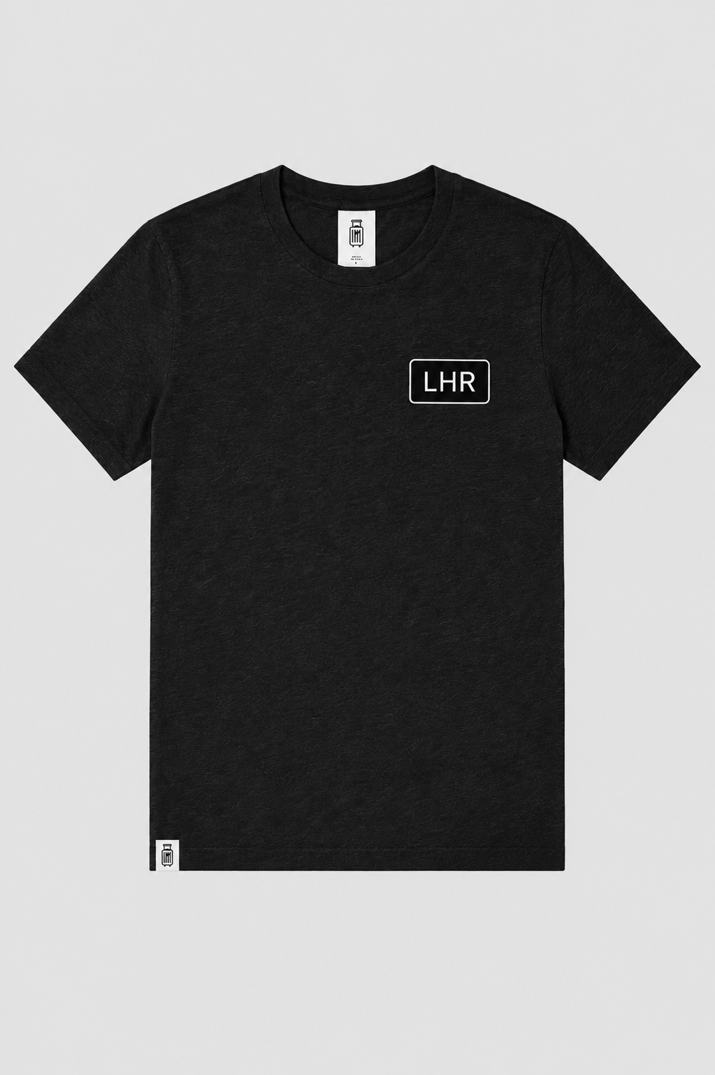 Black t-shirt with 'LHR' logo on a light gray background