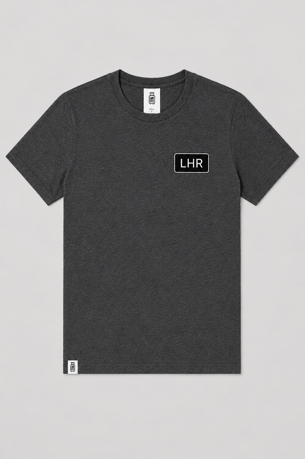 Dark gray t-shirt with 'LHR' logo on a light gray background