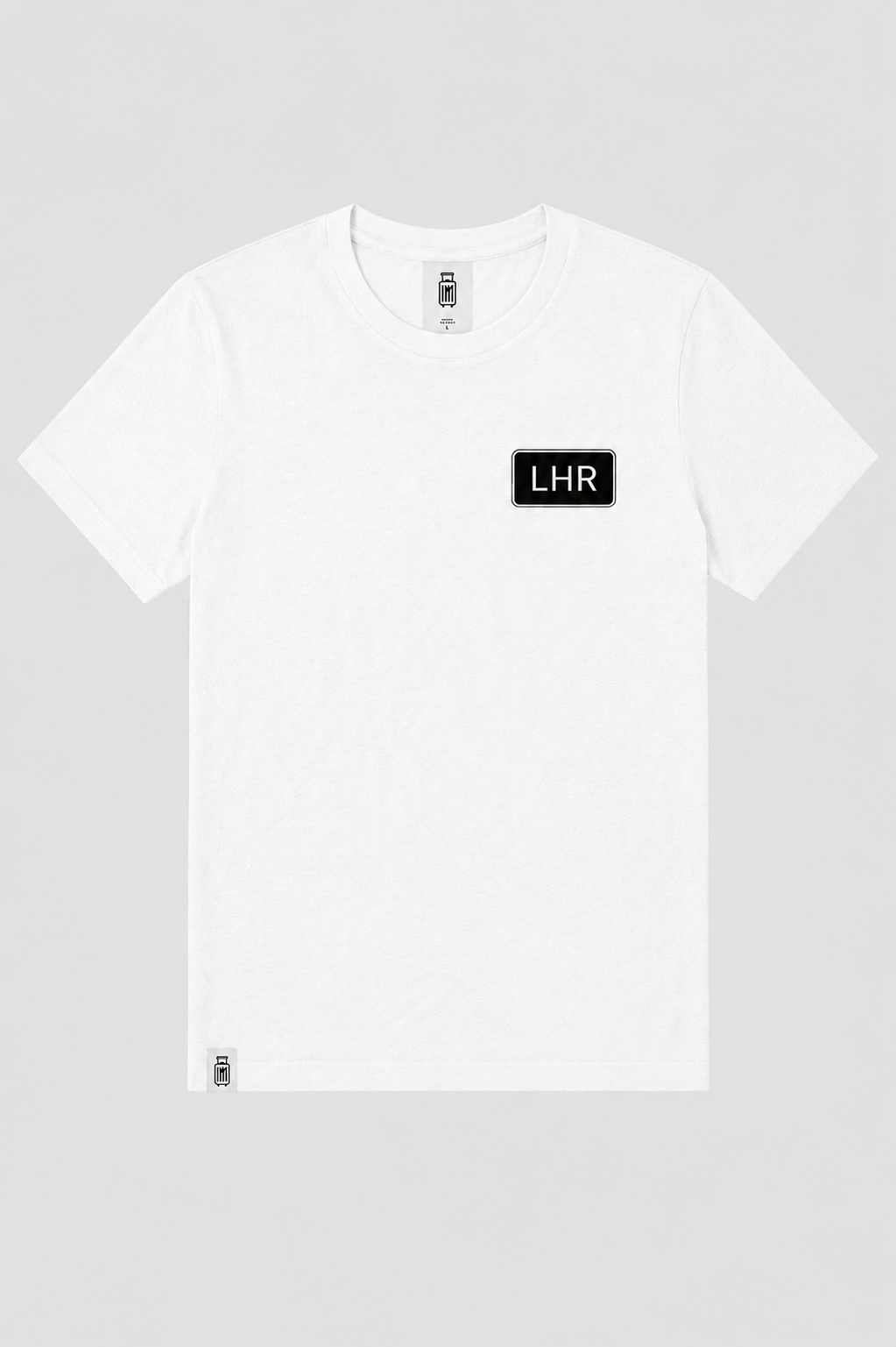White t-shirt with 'LHR' logo on a gray background