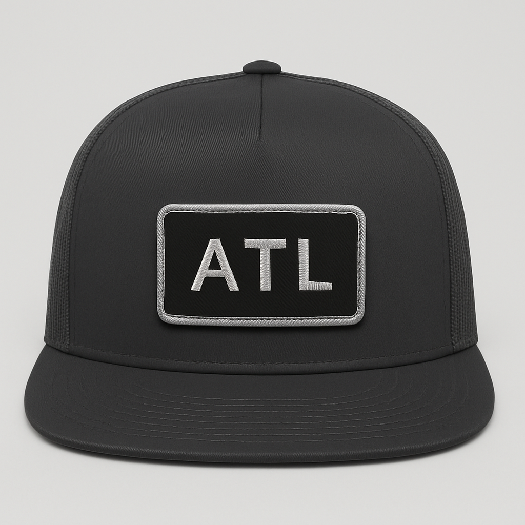 Front view of ATL Atlanta airport trucker hat mesh snapback charcoal
