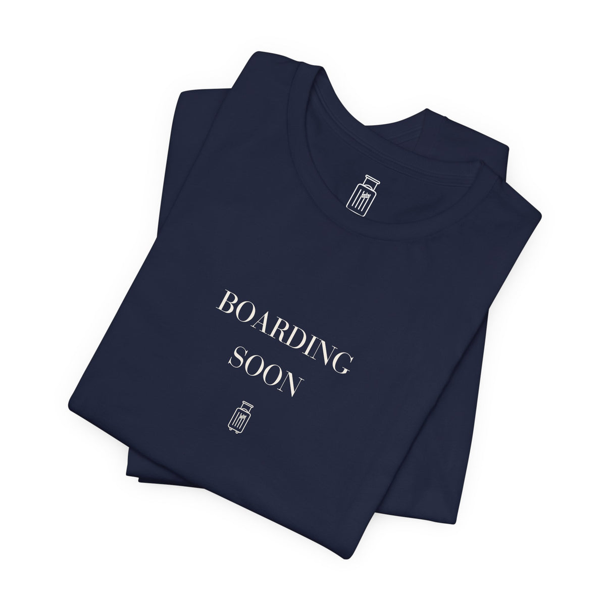 Boarding Soon travel T-shirt in Navy, folded view