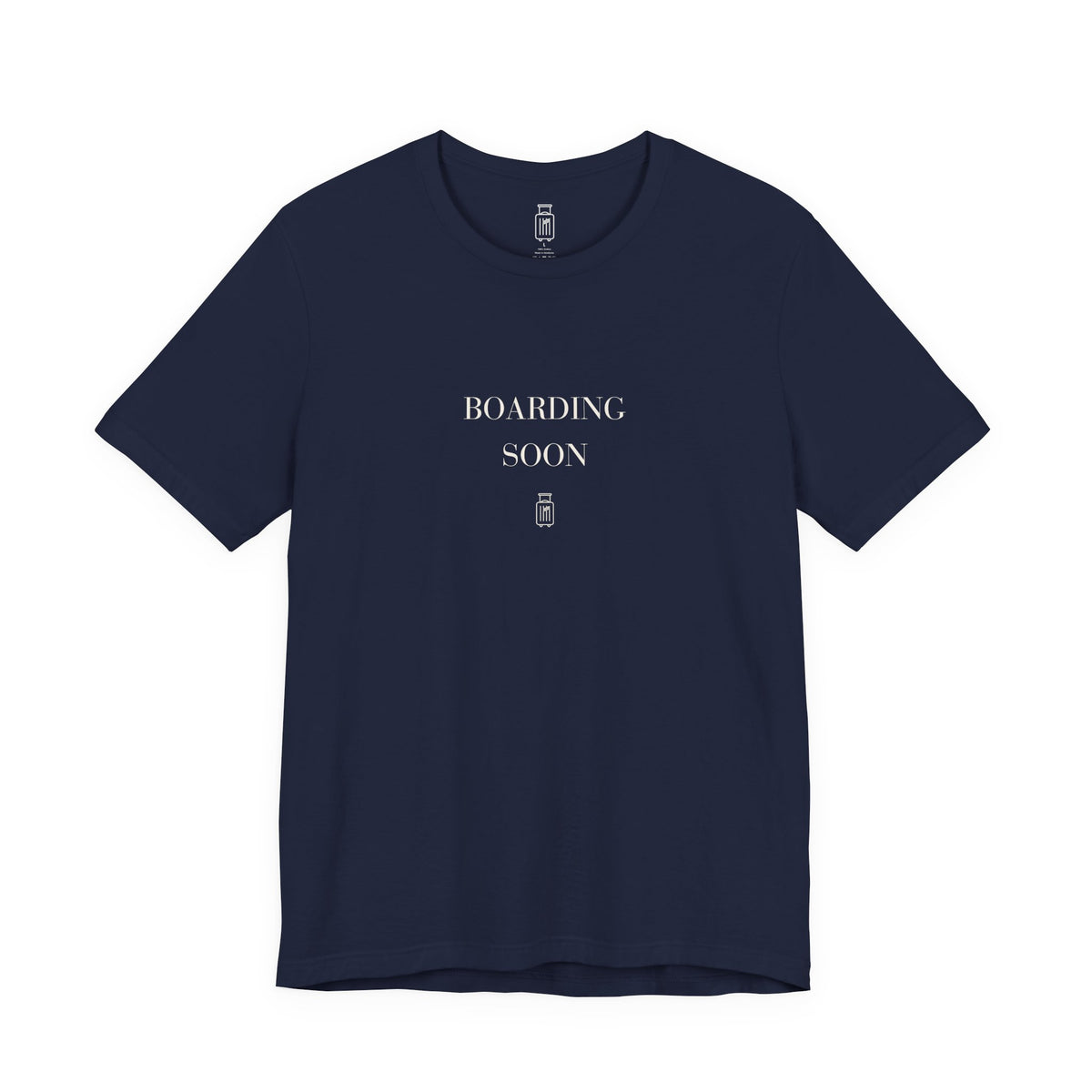 Boarding Soon travel T-shirt in Navy, front view