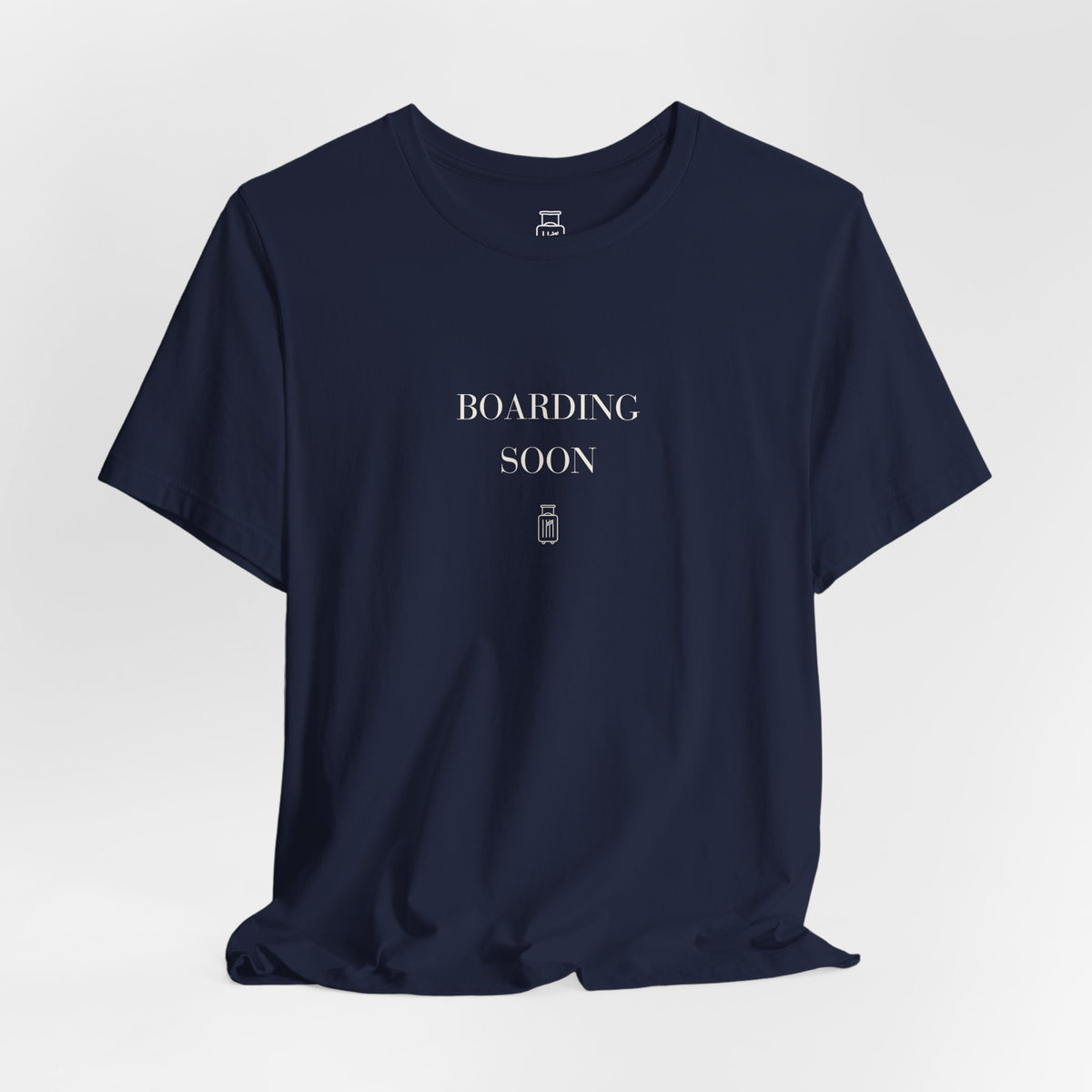 Boarding Soon travel T-shirt in Navy, hanging view