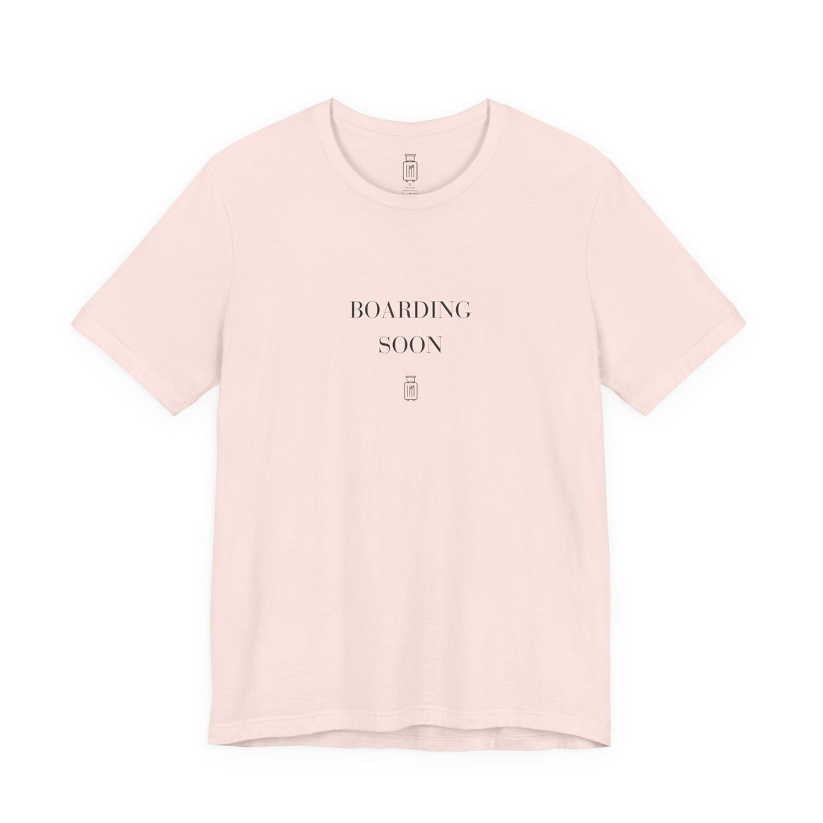 Boarding Soon travel T-shirt in Soft Pink, front view