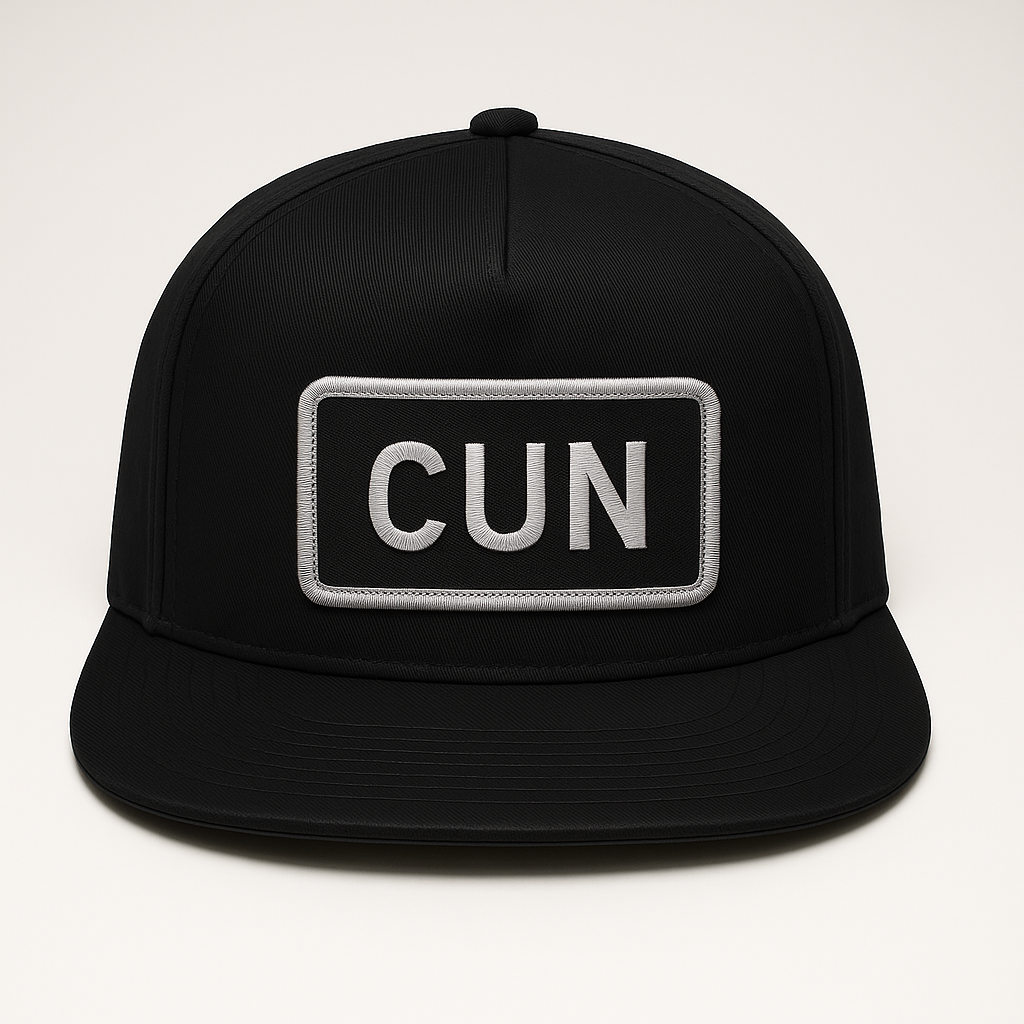Front view of CUN Cancún airport trucker hat mesh snapback black