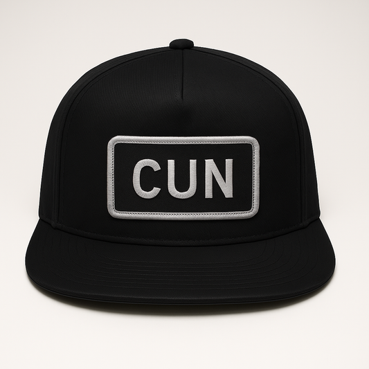 Front view of CUN Cancún airport trucker hat mesh snapback black
