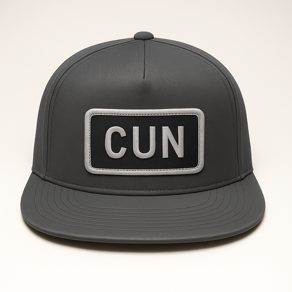 Front view of CUN Cancún airport trucker hat mesh snapback charcoal
