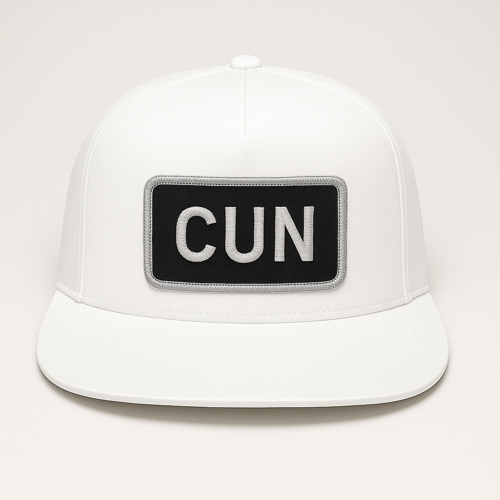 Front view of CUN Cancún airport trucker hat mesh snapback white