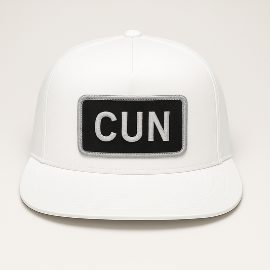 Front view of CUN Cancún airport trucker hat mesh snapback white