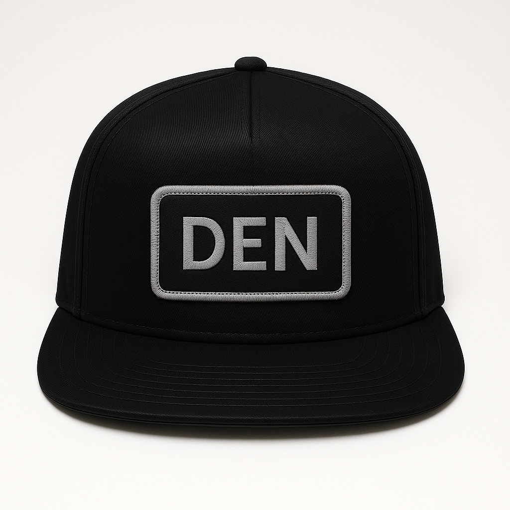Front view of DEN Denver airport trucker hat mesh snapback black