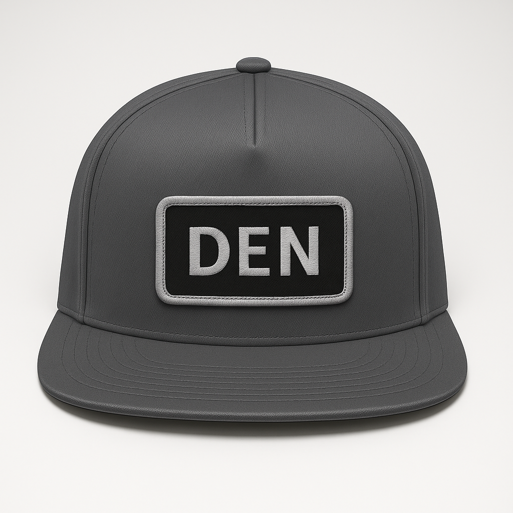 Front view of DEN Denver airport trucker hat mesh snapback charcoal