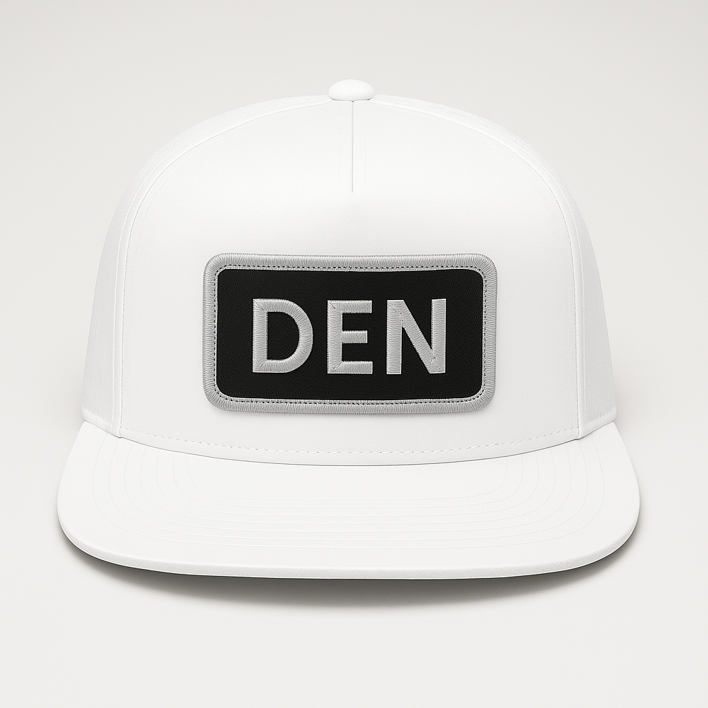 Front view of DEN Denver airport trucker hat mesh snapback white