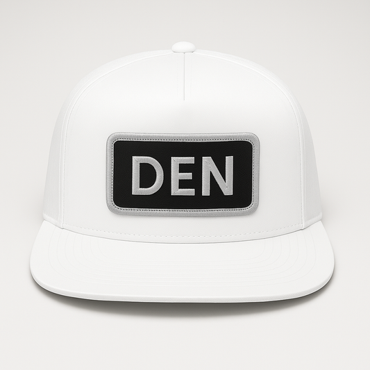 Front view of DEN Denver airport trucker hat mesh snapback white