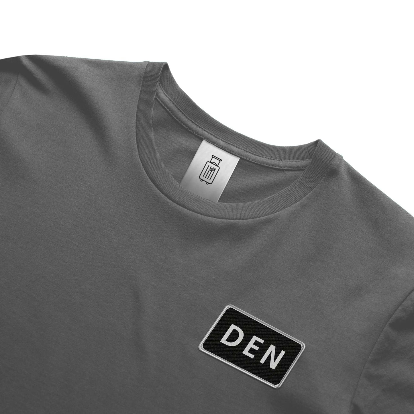 Close-up of DEN airport code design on ultra premium t-shirt gray
