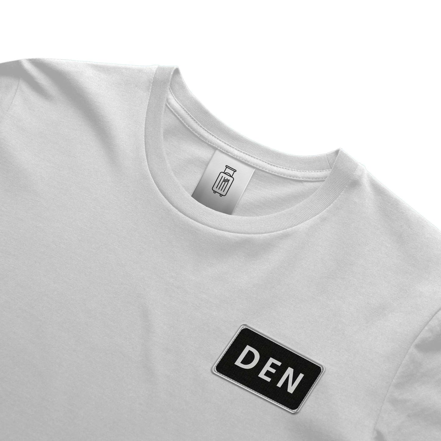 Close-up of DEN airport code design on ultra premium t-shirt white