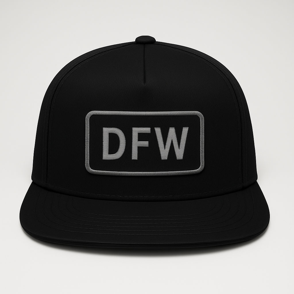 Front view of DFW Dallas–Fort Worth airport trucker hat mesh snapback black