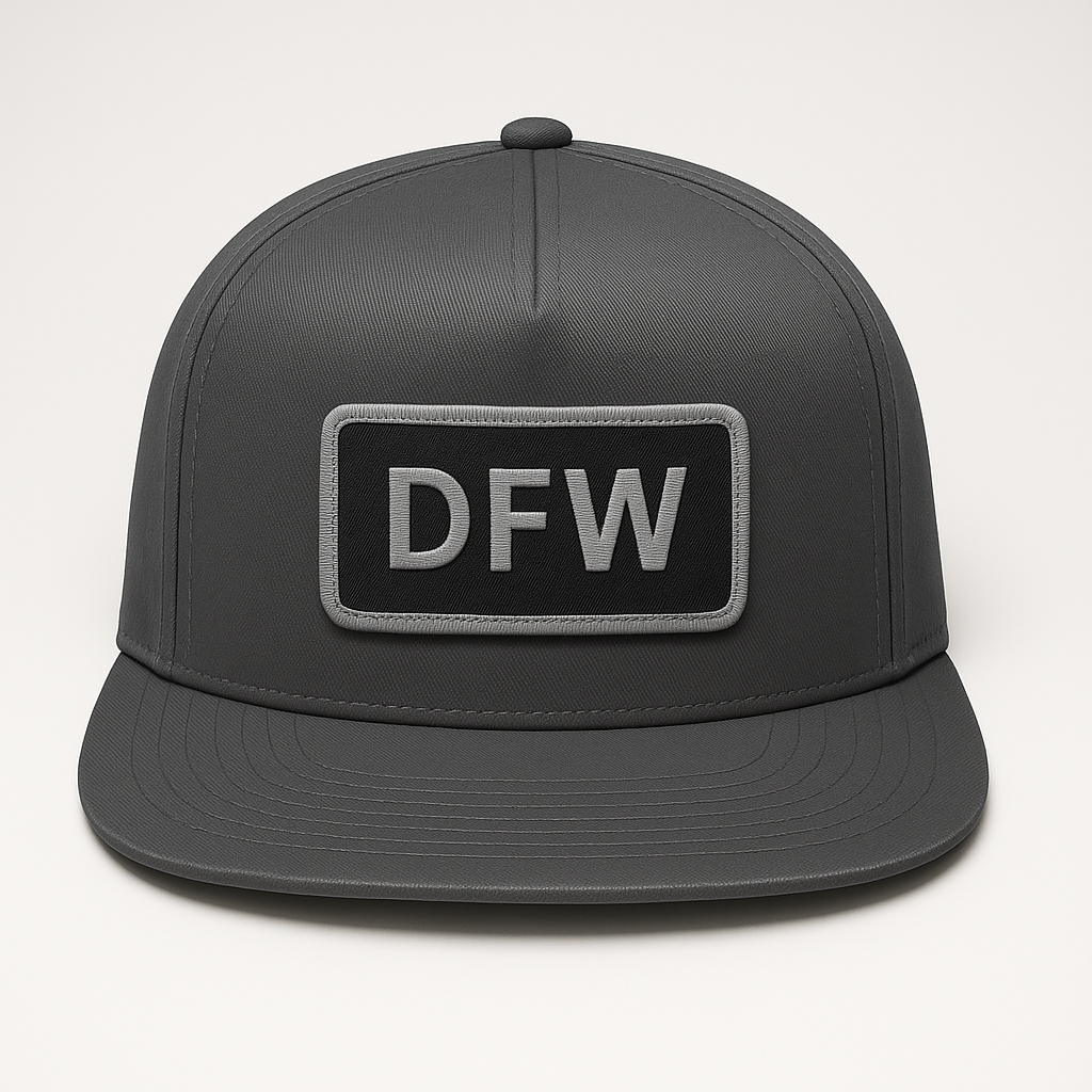 Front view of DFW Dallas–Fort Worth airport trucker hat mesh snapback charcoal