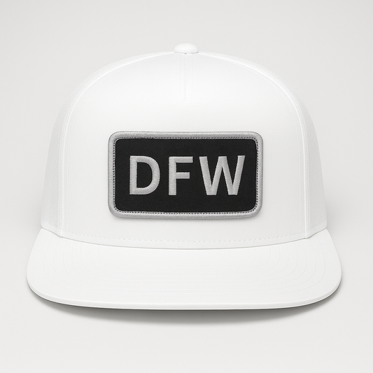 Front view of DFW Dallas–Fort Worth airport trucker hat mesh snapback white