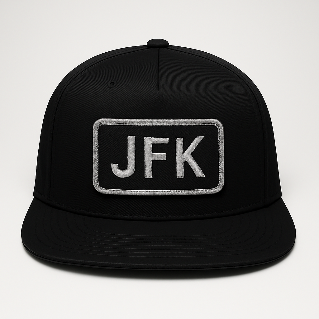 Front view of JFK New York airport trucker hat mesh snapback black