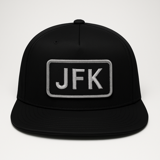 Front view of JFK New York airport trucker hat mesh snapback black