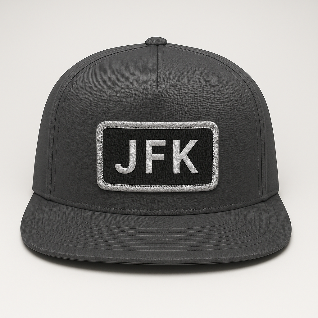 Front view of JFK New York airport trucker hat mesh snapback charcoal