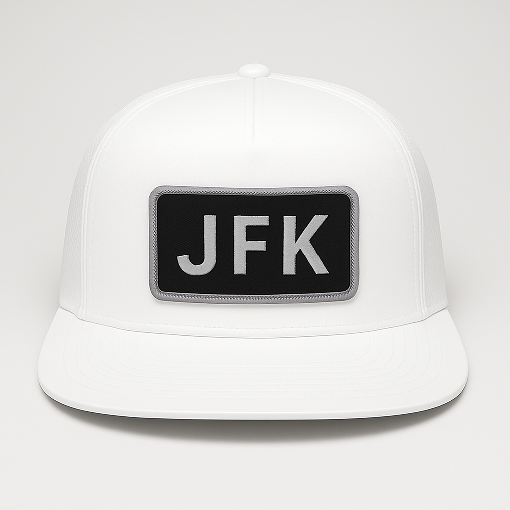 Front view of JFK New York airport trucker hat mesh snapback white