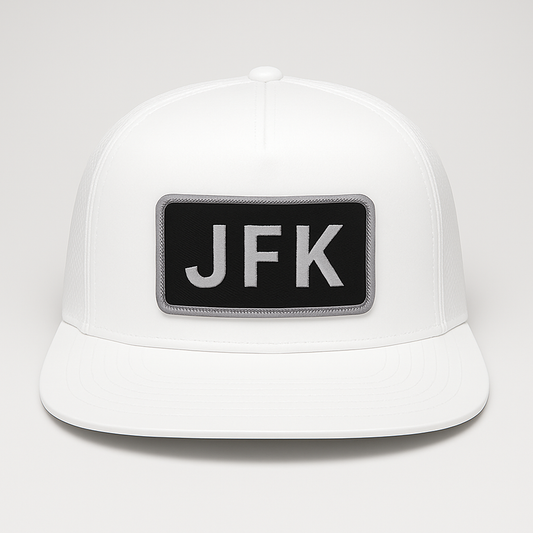 Front view of JFK New York airport trucker hat mesh snapback white