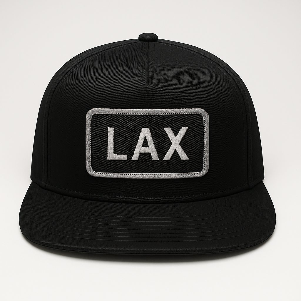 Front view of LAX Los Angeles airport trucker hat mesh snapback black