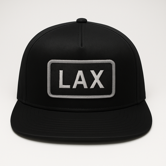 Front view of LAX Los Angeles airport trucker hat mesh snapback black