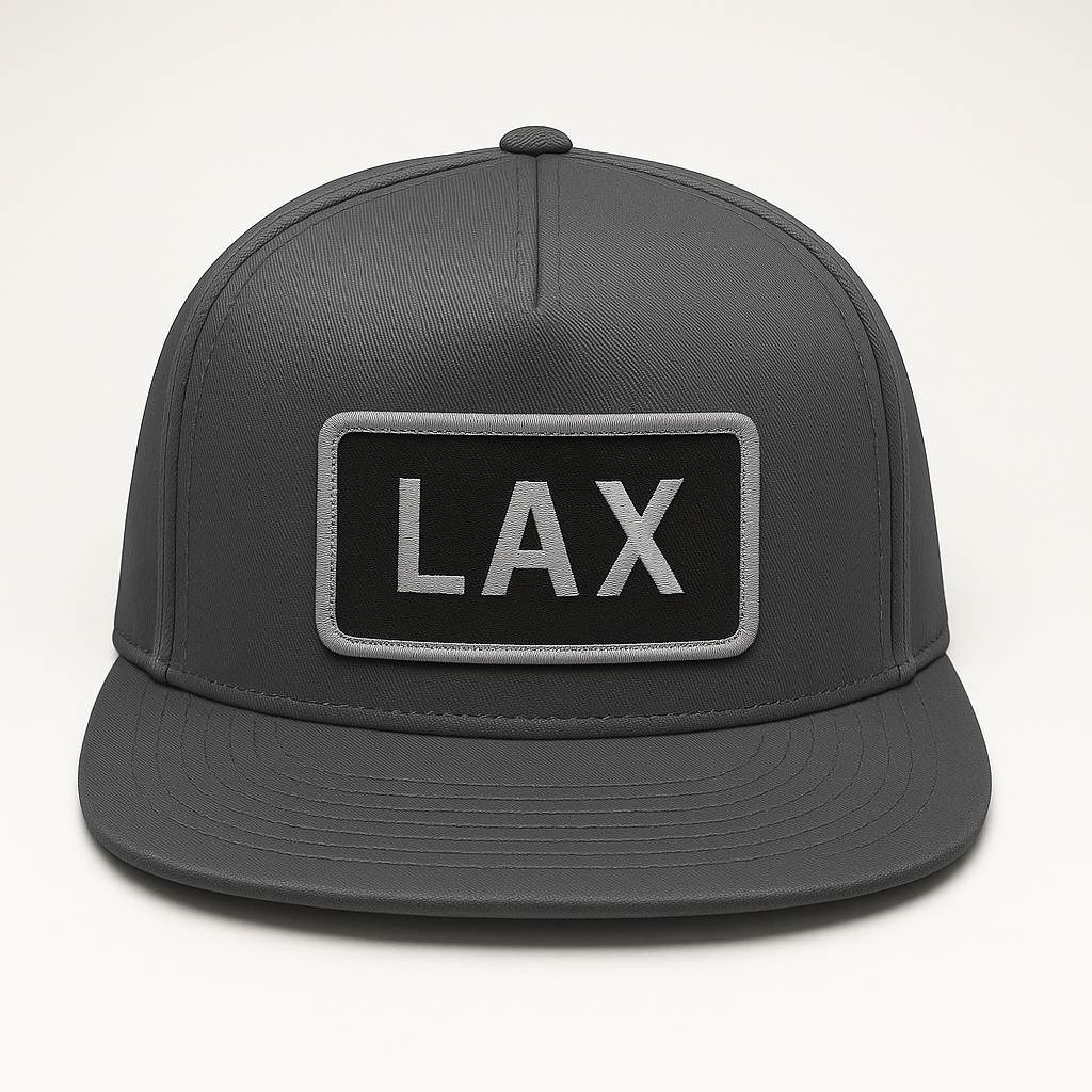 Front view of LAX Los Angeles airport trucker hat mesh snapback charcoal