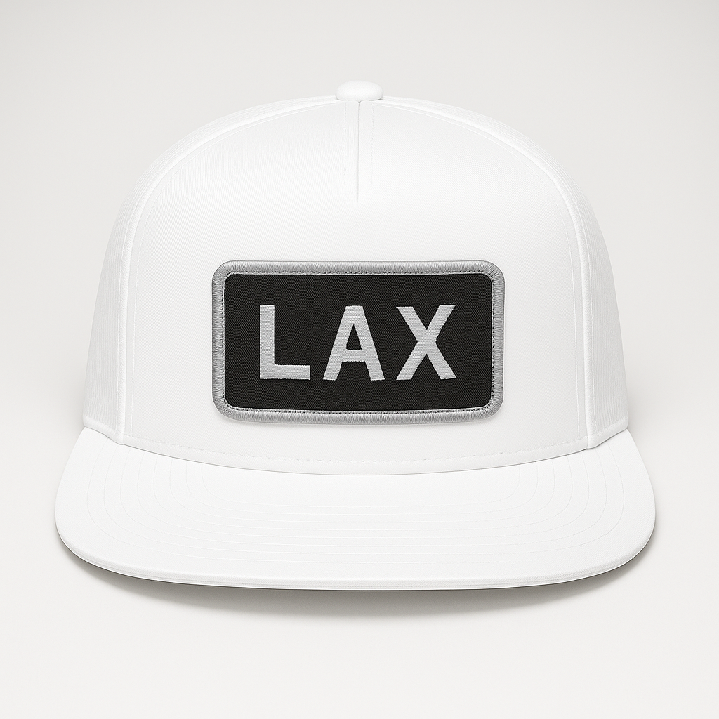Front view of LAX Los Angeles airport trucker hat mesh snapback white