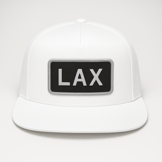 Front view of LAX Los Angeles airport trucker hat mesh snapback white