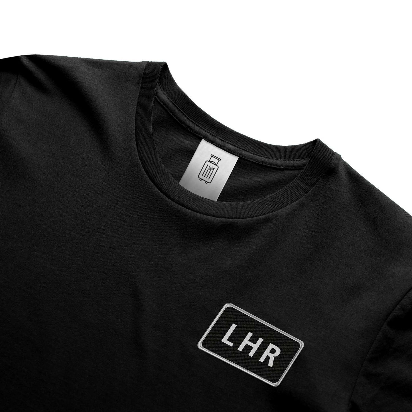 Close-up of LHR airport code design on ultra premium t-shirt black