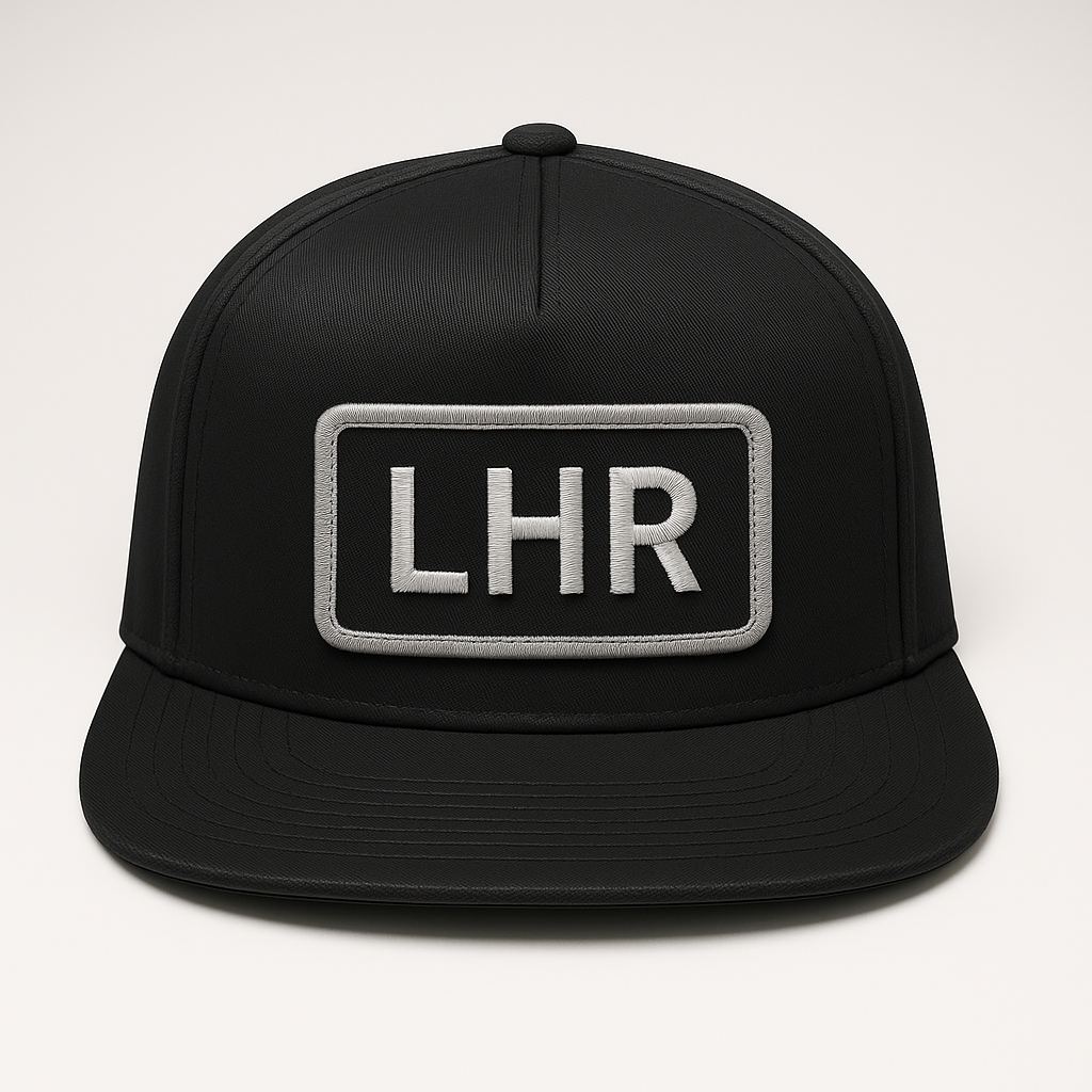 Front view of LHR London Heathrow airport trucker hat mesh snapback black