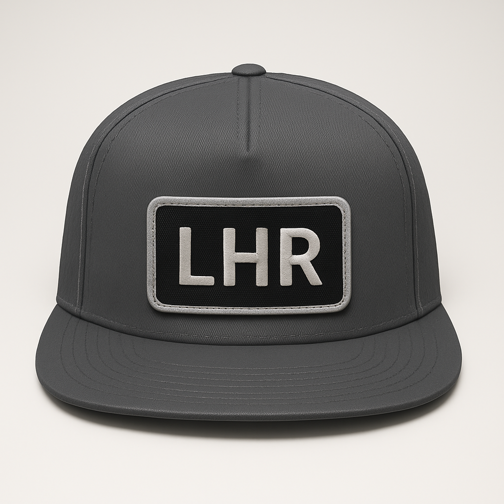 Front view of LHR London Heathrow airport trucker hat mesh snapback charcoal