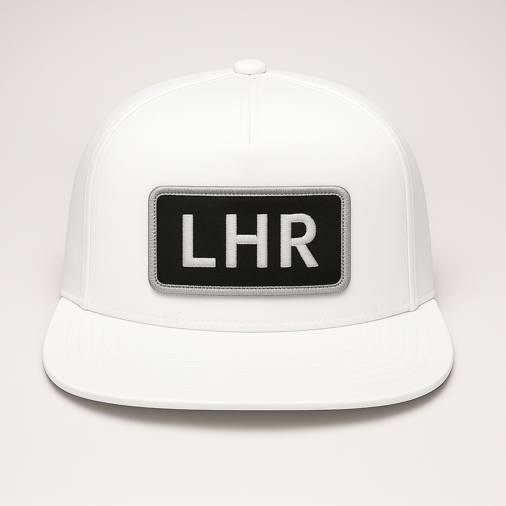 Front view of LHR London Heathrow airport trucker hat mesh snapback white