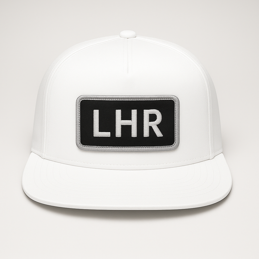 Front view of LHR London Heathrow airport trucker hat mesh snapback white